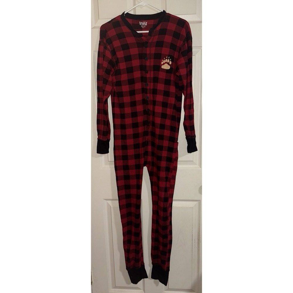 Lazy One-One Piece Pajama Adult L Buffalo Plaid Red Cotton Bear Cheeks